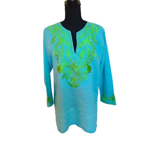Barbara Gerwit Embroidered Turquoise Tunic Top Size M - Picture 1 of 9